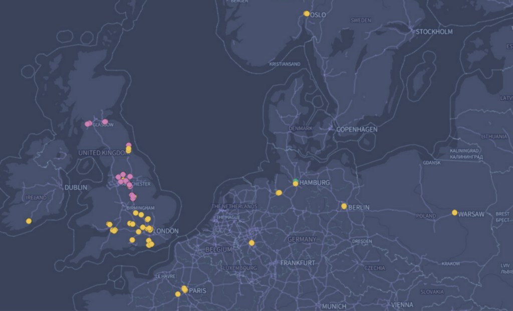 A map depicting Sacred Harp singing regions in Europe, 1992–2025.