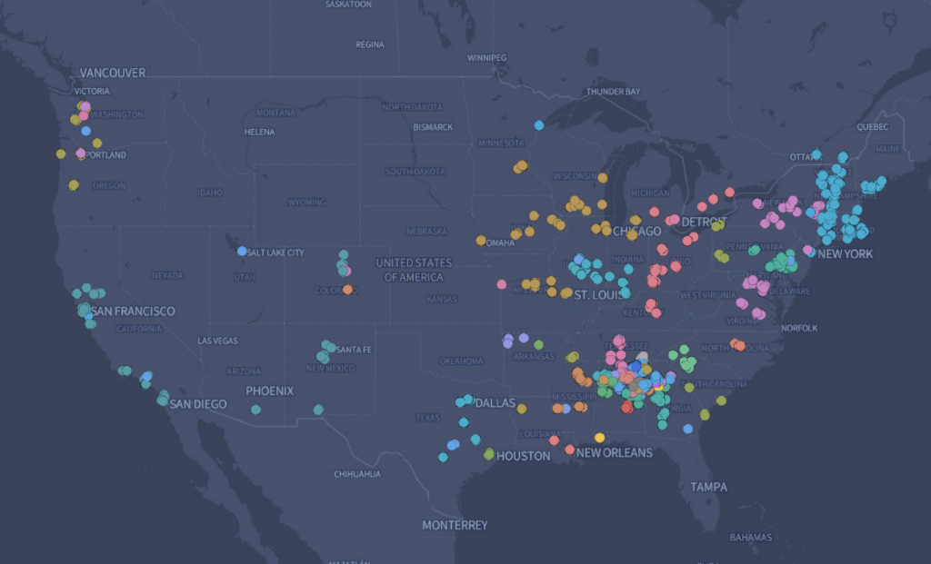 A map depicting Sacred Harp singing regions in continental North America, 1992–2025.