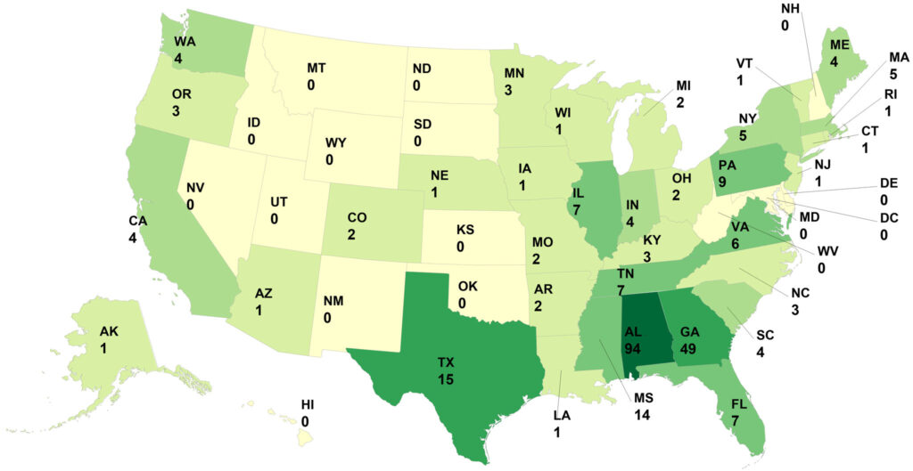 A map depicting Sacred Harp Singings in the United States, 2013.