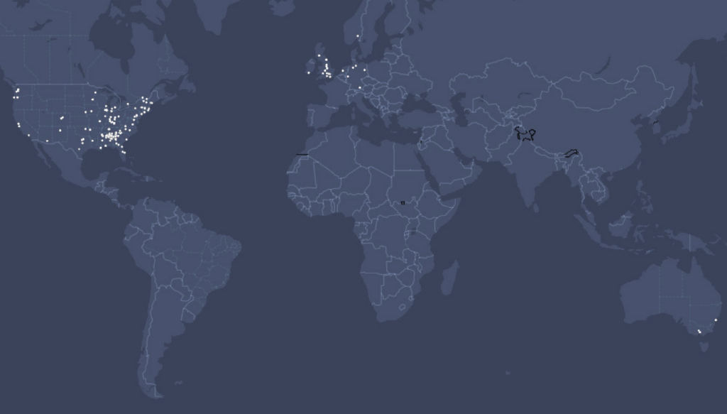 A map depicting Sacred Harp singings held in 2025.