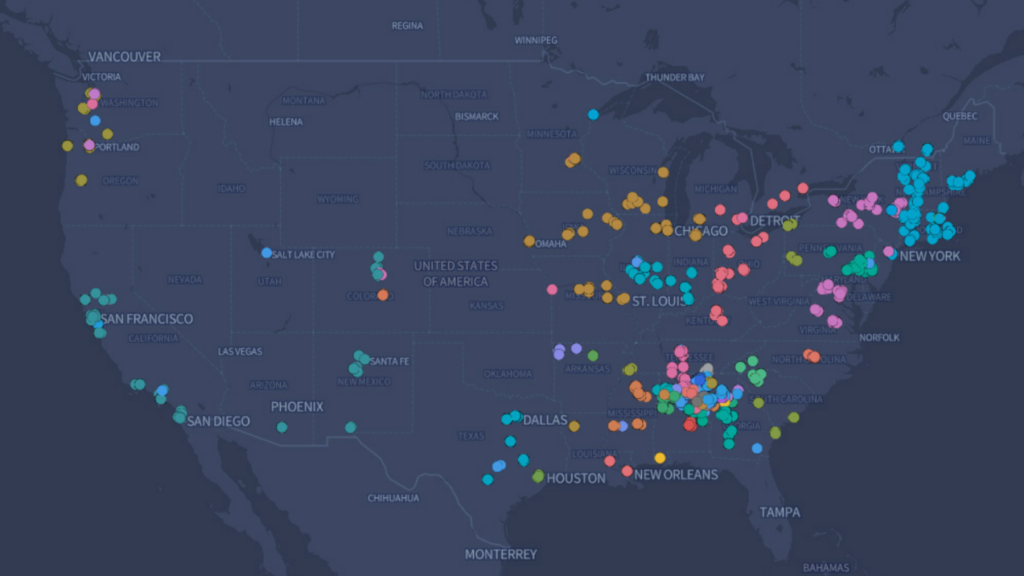 Map visualizing locations of Sacred Harp singings in continental North America grouped by region.